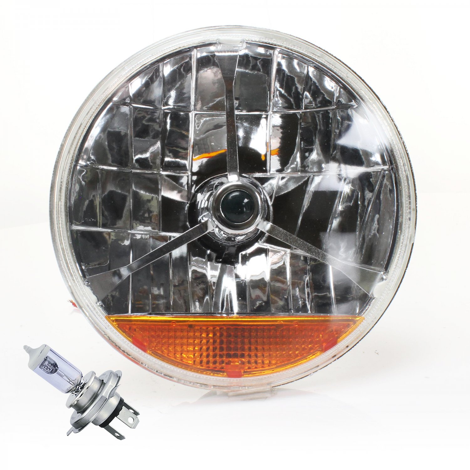 Street Hot Rat Rod 7" Tri Bar Blue Dot H4 Headlight w/ Amber Turn