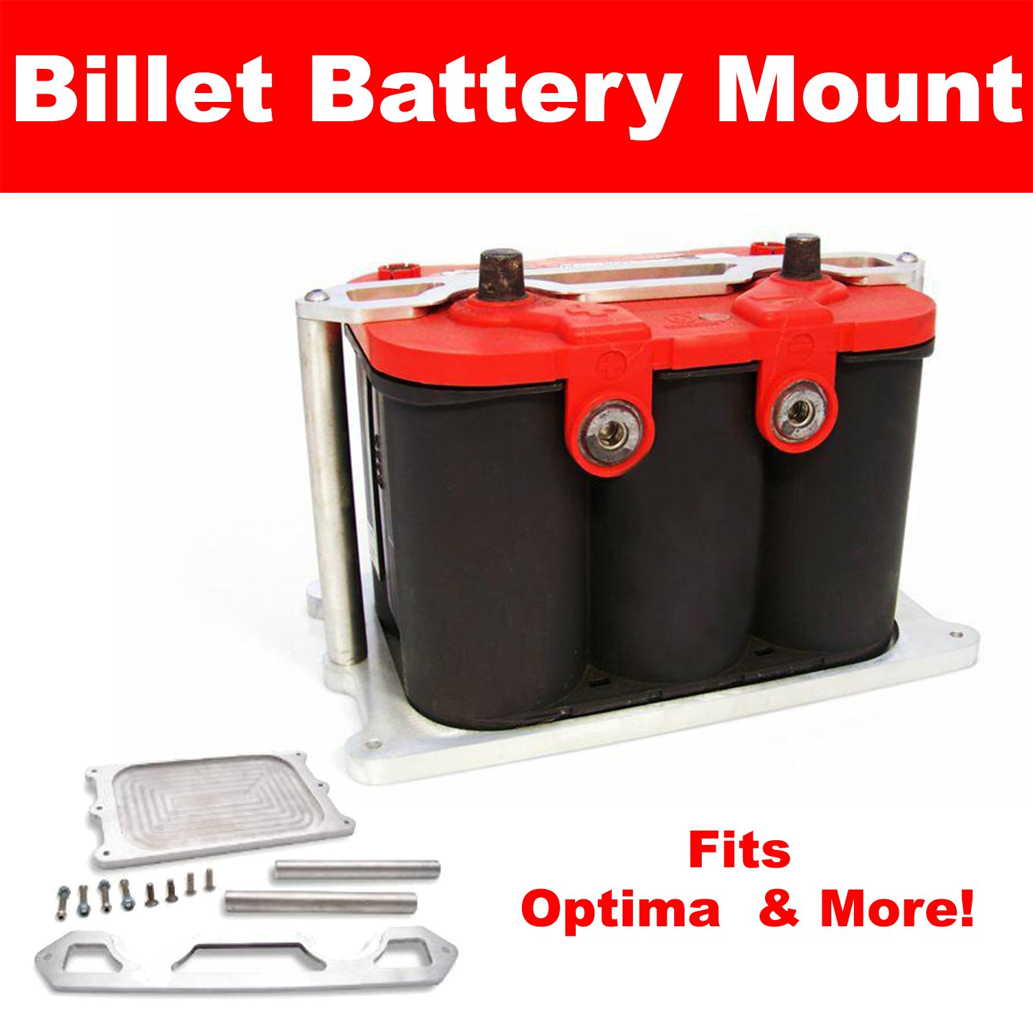 OPTIMA POLISHED BILLET BATTERY HOLD DOWN TRAY GROUP 34 78 RED YELLOW