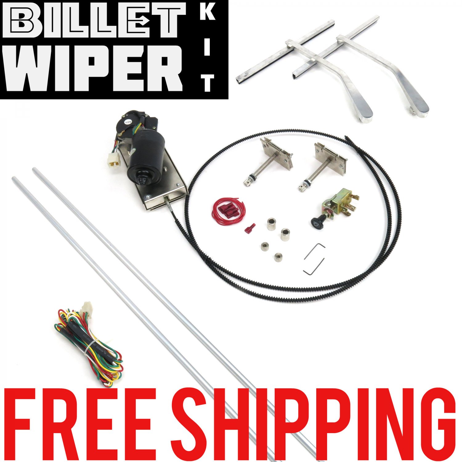 Complete Windshield Wiper Kit w/ Billet Wiper Arms for 1962 Chevrolet