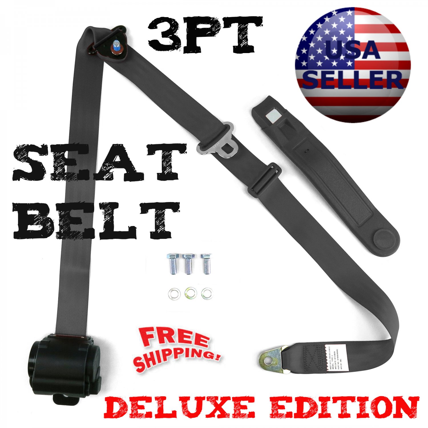 3pt Charcoal Retractable Seat Belt for diy new easy three dot install